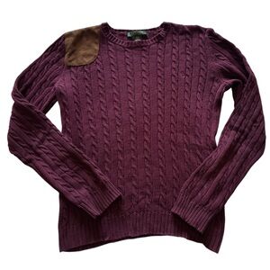 Ralph Lauren Cotton Cable Knit Crewneck Sweater with Suede/Leather Patch - Plum